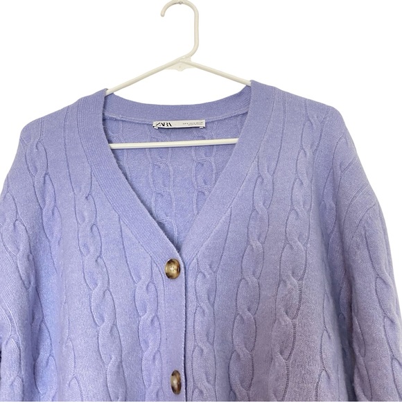 Zara Boxy Cardigan Sweater Womens Size Small Cableknit V Neck Button Down Blue - Picture 3 of 8